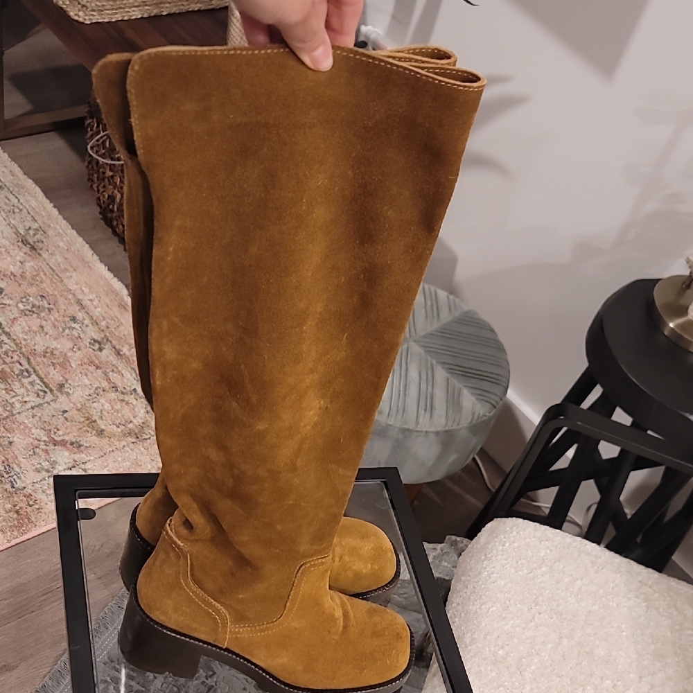 Suede Knee-High Boots in Tan